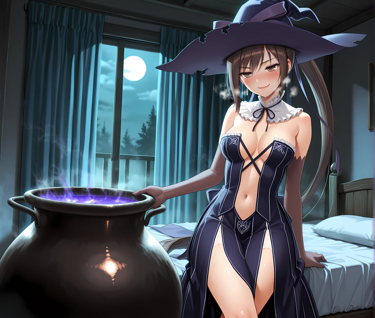 <lora:Maxima:1>,maxima,solo,brown hair,very long hair,breasts,brown eyes,ponytail,hair ribbon,medium breasts,indoors,witch outfit,witch hat,cleavage,cowboy shot,crossed legs,cauldron,fog,horror \(theme\),moonlight,darkness,naughty_face,teasing,heavy breathing,steaming body,blush,bedroom,bed,curtains,clothes pull,stomach cutout,bare shoulders,frilled collar,, masterpiece,best quality,amazing quality, very aesthetic, absurdres,detailed eyes,ultra-detailed,