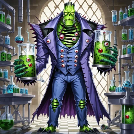 fleshmutant frankenstein's monster covered in eyes holding a beaker inside of a laboratory,patchwork creature,patchwork skin,full body,2d,anime