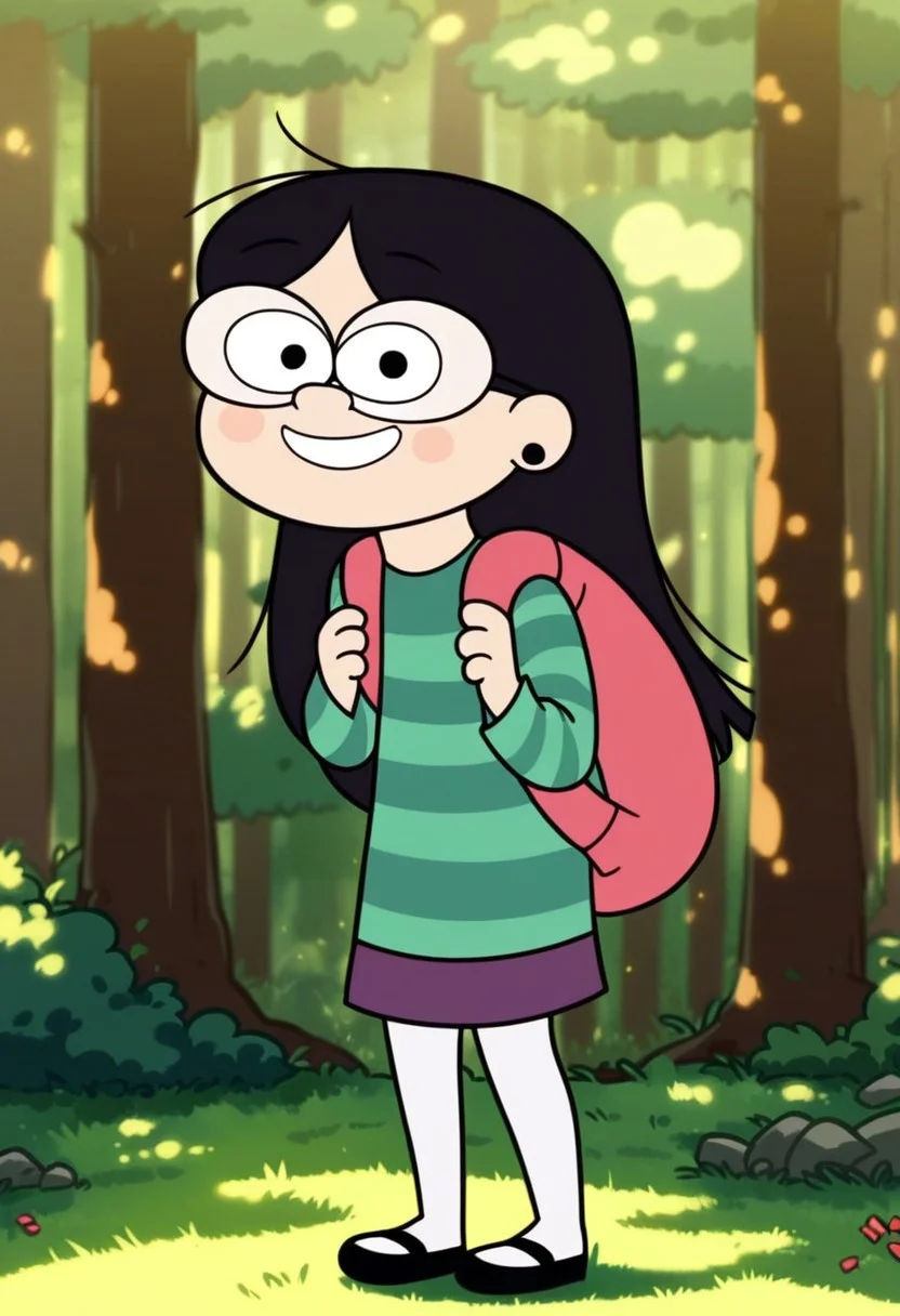 score_9, 1girl, solo candy chiu, black hair, glasses, earrings, backpack, striped sweater, purple skirt, white pantyhose, black footwear, looking at viewer, smile, outdoors, forest