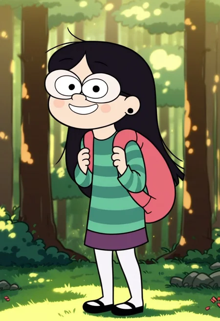 score_9, 1girl, solo candy chiu, black hair, glasses, earrings, backpack, striped sweater, purple skirt, white pantyhose, black footwear, looking at viewer, smile, outdoors, forest