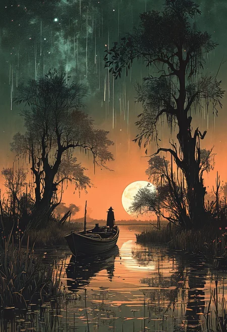linquivera,  Ink illustration, (anime:0.5), brown tones, aged black red paper, inkpunk, moonlight,surreal, a ghost standing on a boat in swampy wetlands, (at a distance), Will-o'-the-wisp, moonlit, lonely, solitude, windy, tall trees, willows, willowy,  OverallDetail, extremely detailed, UHD,(long exposure , dystopian but extremely beautiful:1.4),