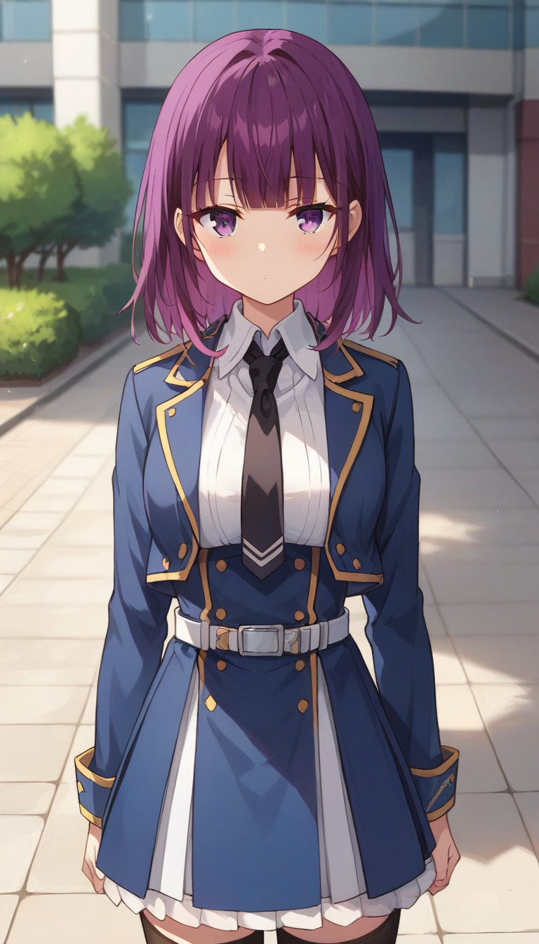 score_9,score_8_up,score_7_up,score_6_up BREAK official art,1girl,solo,outdoors,upper body,(portrait:1.5),looking at viewer,facing viewer,expressionless,blush,Mind Control Squadmate 4,medium hair,purple hair,multicolored hair,shiny hair,sidelocks,blunt bangs,purple eyes,blue jacket,cropped jacket,open jacket,wing collar,short necktie,black necktie,white shirt,collared shirt,dress shirt,long sleeves,medium breasts,double-breasted,white belt,blue skirt,high-waist skirt,pleated skirt,frilled skirt,zettai ryouiki,black thighhighs,loafers,black footwear,<lora:Mind Control Squadmate 4(sgmt)-Pony:1.2>,