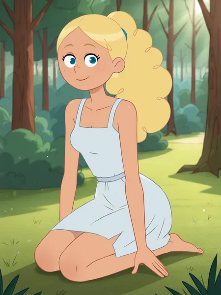 score_9, score_8_up, score_7_up, score_6_up, BREAK, P13rr3tt3, 1girl, solo, long hair, blue eyes, blonde hair, ponytail, white dress, outdoors, tree, sitting on the ground, depth of field, blurry background, sunlight, nature, light particles, forest, smile, looking at viewer <lora:Pierrette-000009:0.9>