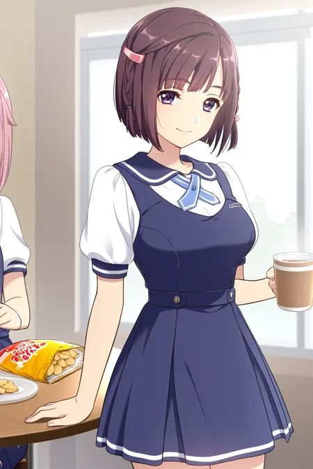 in cafe, (kimura manatsu, short hair, skirt, brown hair, shirt, single side braid hair, pink hair clip on right side, single braid on right side, bob-cut, sitting, table with snack, a cup of tea, school uniform, standing, purple eyes, white shirt, short sleeves, (blue pinafore dress), puffy sleeves, indoors, cowboy shot) 1girl, best quality, cowboy shot, seductive smile, Overall Detail, (slim, looking at viewer, young-adult), large breast, Fix hand <lora:Kimura_Manatsu_ATSK_illus:1>