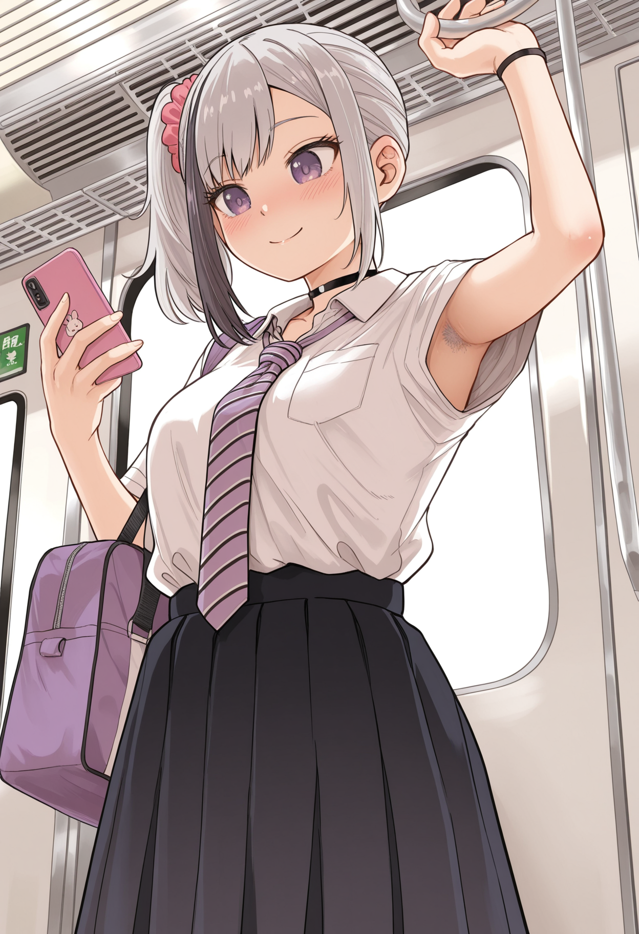 masterpiece,best quality,amazing quality, solo, 1girl, adult, side ponytail, smile, purple eyes, multicolored hair, white collared shirt, grey hair, bag, streaked hair, black choker, hair ornament, pink scrunchie, striped necktie, blush, bangs, standing, train, train interior, armpit peek, armpit hair, holding phone, cowboy shot, f0r0m0t0t4k3ru,  <lora:Furumoto_Takeru_Style_IL:1>