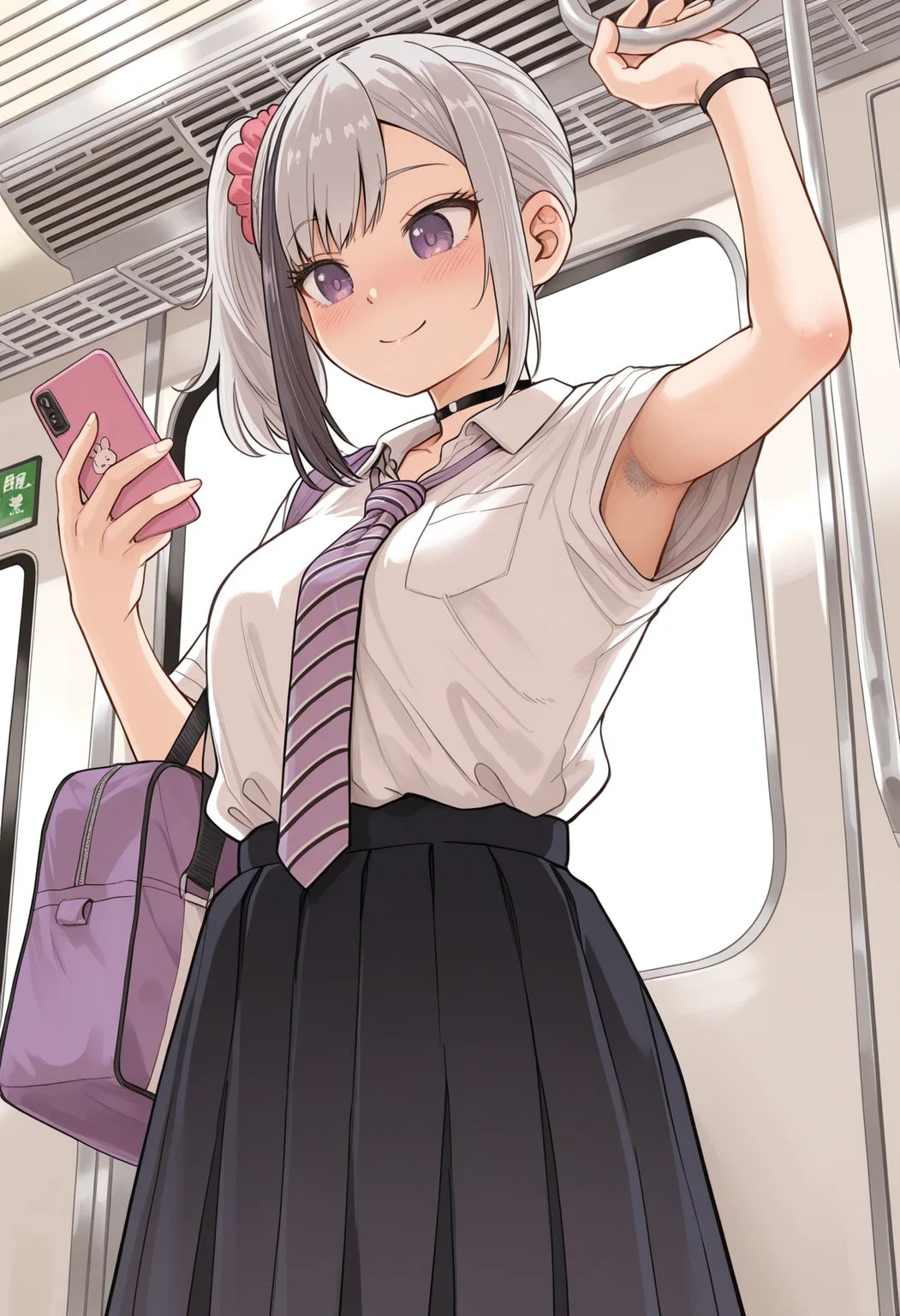 masterpiece,best quality,amazing quality, solo, 1girl, adult, side ponytail, smile, purple eyes, multicolored hair, white collared shirt, grey hair, bag, streaked hair, black choker, hair ornament, pink scrunchie, striped necktie, blush, bangs, standing, train, train interior, armpit peek, armpit hair, holding phone, cowboy shot, f0r0m0t0t4k3ru, <lora:Furumoto_Takeru_Style_IL:1>