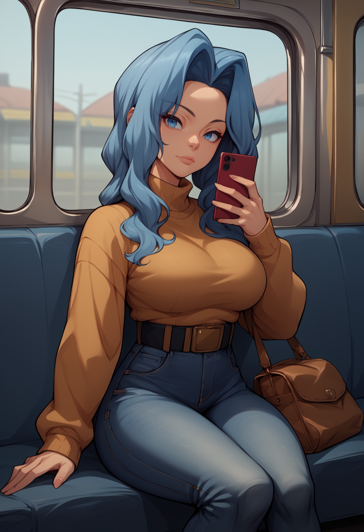 score_9, score_8_up,score_7_up, source_anime, 1girl, solo, <lora:Snq_pdxl_EliPot:1>, SQNA, long hair, blue hair, blue eyes, mature female,
 large breasts, sweater,tight clothing,sitting,subway,looking at phone,high-waist jeans,bag,belt,