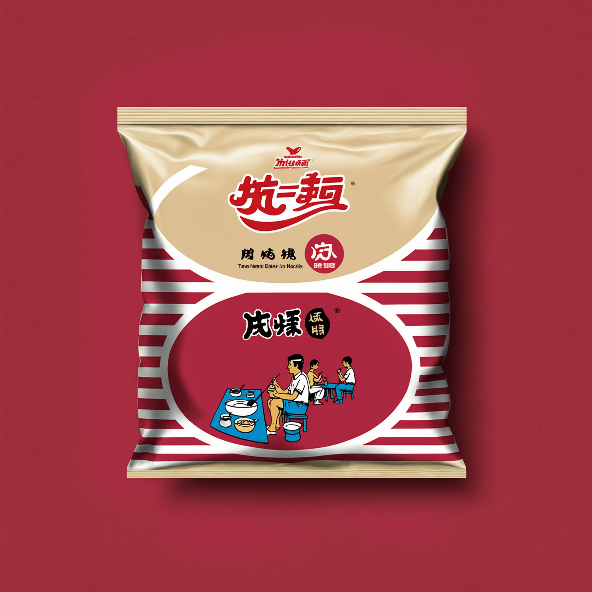 rozamanbag,text,A bag of instant noodles placed on a red table. The packaging of the noodles is clearly visible, showcasing the brand and flavor. The red table provides a striking contrast, emphasizing the subject. The scene should be as realistic as a high-resolution photograph, with natural and even lighting that highlights the details of the bag and the texture of the table, <lora:rozaman2:0.7>