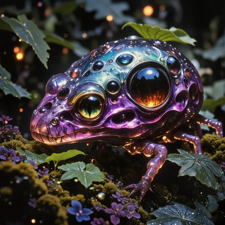 creature focus, full view, photo-realistic, very aesthetic, marvellous and otherworldly scenery on a distant planet, extremely detailed, ultra high resolution, award-winning macro photo, short depth of field, hyper-realistic, ultra high definition, dim lighting, twilight, bioluminescence, subsurface scattering, fractal art, the tiny "witty razorwocky" is a wondrous translucent life form, it thrives among the eldritch flora in the moors on planet "zorfmoor prime", dappled sunlight, dappled lighting, golden ratio, the color palette is predominantly plum purple and mint green and taupe and aquamarine blue and obsidian black and bordeaux red, ovg, arsmoviestill, 80s fantasy movie still, <lora:faetastic_details-flux-by_faeia:0.8> <lora:style-80s_fantasy_movie-v3-flux-by_arsmachina:0.92> <lora:style-dnd_grainyboyz-romulus-flux-by_kimwithdapuss:0.48>