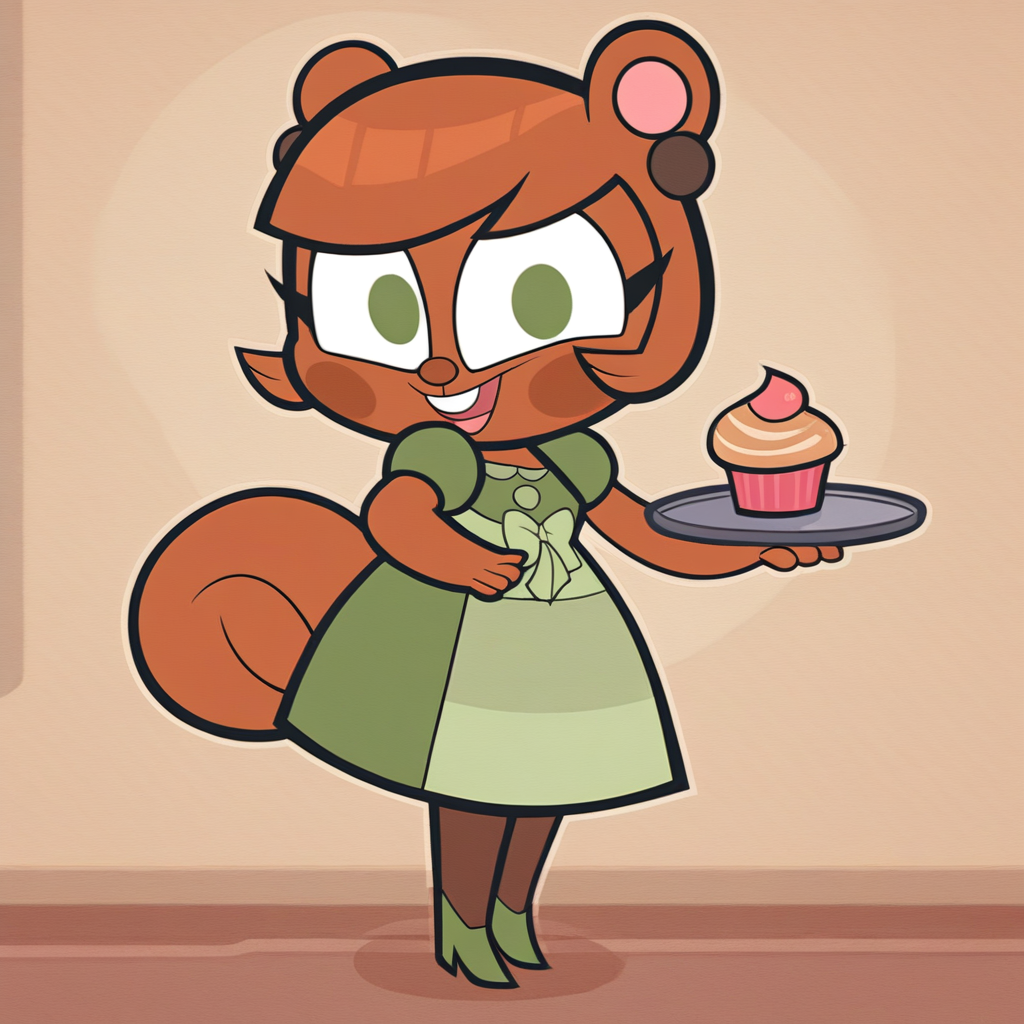<lora:Meryl_AJMarekArt-05:1> score_9, score_8_up, score_7_up, score_6_up, score_5_up, score_4_up, meryl_ajmarekart, 1girl, solo, squirrel girl, green eyes, standing, (indoors), orange background, holding tray, dress, pantyhose, green heels, cupcake, open mouth, looking at viewer, smile