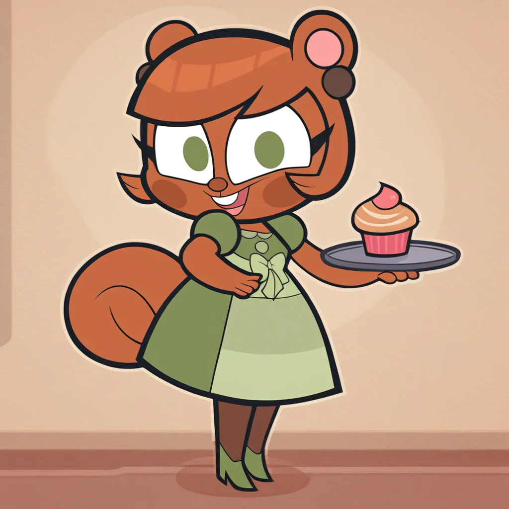 <lora:Meryl_AJMarekArt-05:1> score_9, score_8_up, score_7_up, score_6_up, score_5_up, score_4_up, meryl_ajmarekart, 1girl, solo, squirrel girl, green eyes, standing, (indoors), orange background, holding tray, dress, pantyhose, green heels, cupcake, open mouth, looking at viewer, smile