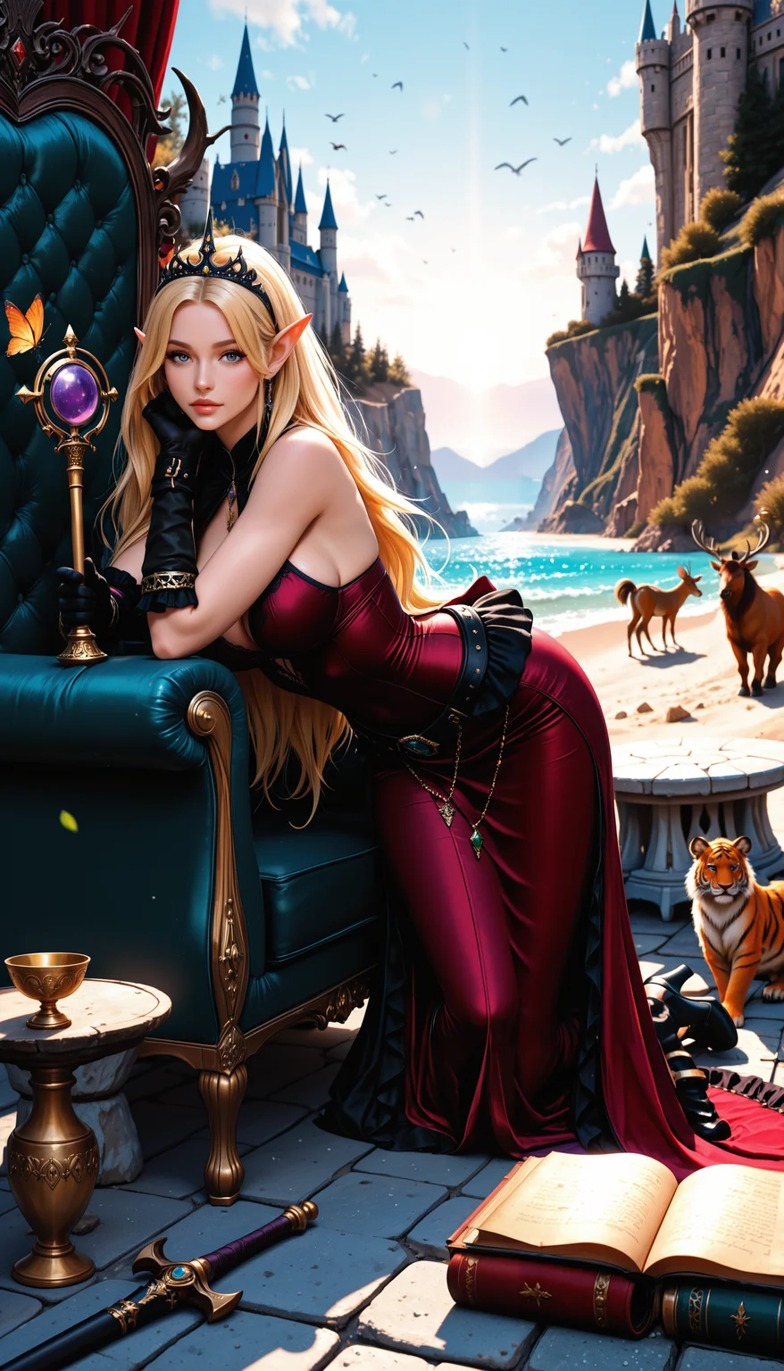 MythAn1m3, masterpiece,newest, best quality, ultra-detailed,incredibly absurdres, absurdres, highly detailed, cinematic lighting, depth of field, shadows, dramatic lighting, Fantasy theme, fantasy, enchating, magical, detailed background,velvet dress, bare shoulders,, girl, solo, long hair, breasts, looking at viewer, simple background; fantasy_themed: fairy, elf, mermaid, unicorn, dragon, magical, enchanted, mystical; hair_color: brown, black, blonde, red, purple; eye_color: blue, green, hazel, amber, violet; pose: standing, sitting, lying down, leaning, kneeling, bent over, squatting, dancing, posing; outfit: dress, gown, robe, armor, leather, lingerie, underwear, panties, bra, thong; accessory: crown, tiara, scepter, staff, wings, horns, cape, jewelry, boots, heels, shoes; background_elements: forest, mountains, castle, palace, cityscape, landscape, waterfall, beach, ocean, desert; furniture: throne, chair, bed, couch, table, bench; animals: wolf, bear, lion, tiger, fox, deer, horse, bird, butterfly; props: book, scroll, wand, sword, shield, cup, chalice, goblet, staff, scepter., ,wide hips:1.5, narrow waist, perfect female body, black pupil, skin details, detailed eyes, detailed iris, detailxl, realistic:1.3, realistic detailed fabric textures, ultra sharp focus, Detail+, overall detail, global illumination, diffused natural lighting, perfect lighting, stylish lighting, dynamic angle,