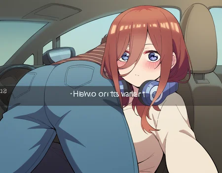 score_9, score_8_up, score_7_up, source_anime, <lora:miku-nakano-s2-ponyxl-lora-nochekaiser:1>, miku nakano, long hair, bangs, brown hair, headphones, headphones around neck, large breasts,, <lora:he-wants-to-order-ponyxl-lora-nochekaiser:1> he wants to order, he wants to order (meme), drive-thru, snapchat, side-view mirror, car interior, car seat, steering wheel, car interior, three quarter view, lying on person, selfie, 1boy, ass, pants,, blush,,