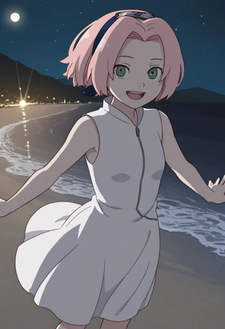 Score_9_up, score_8_up, score_7_up, source_anime, Expressiveh, perfect eyes, 1girl, solo, 1girl, haruno sakura, pink hair, short hair, green eyes, slim body,Small breasts,
white dress, sleeveless, standing, looking at viewer, sun hat, open mouth, outstretched arms, beach, happy,night,stars,
masterpiece,dynamic lighting,beautiful lighting
