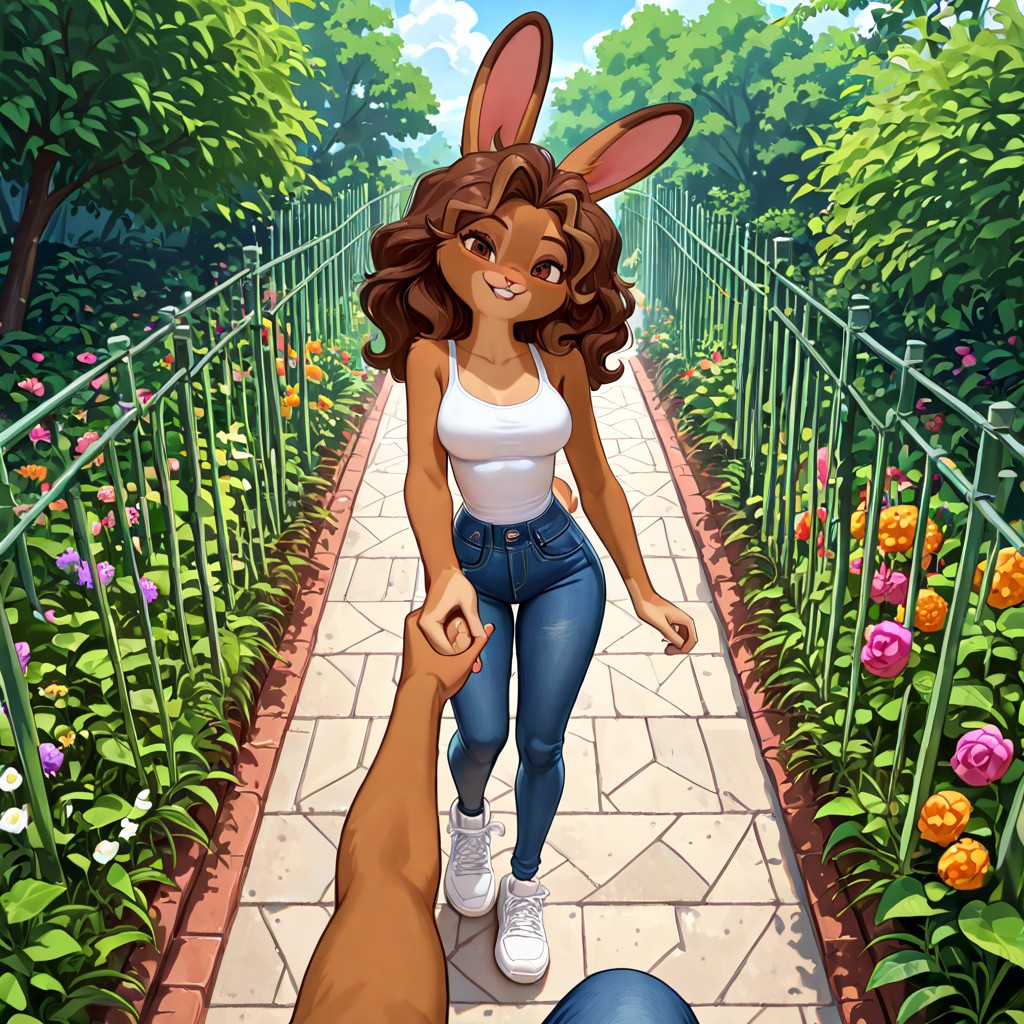 masterpiece, best quality, newest, absurdres, highres, furry, perfect anatomy, Br1anna,1girl,solo,furry,furry female,rabbit girl,brown hair,long hair,rabbit ears,brown eyes,animal nose,buck teeth,body fur,brown fur,rabbit tail, tall woman, white tank top, blue pants, skinny jeans, denim jeans, white shoes, white sneakers, garden, flowers, greenery, scenery, sunny day, holding hand, pov, hand holding, looking at viewer, happy,