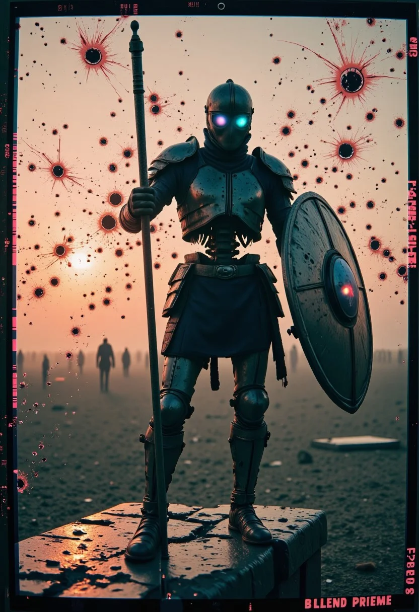 A heavily deteriorated film recording of a skeletal warrior in medieval armor, captured on decaying 16mm stock with severe emulsion damage. Prominent film burns create holes in the image, while chemical stains spread across the frame like watercolors. Excessive film grain mingles with projection wear, creating a thick texture of authentic analog artifacts. The warrior appears through layers of scratched celluloid and processing errors, while the shield's glitching holographic skull remains vibrantly neon. Physical splicing marks and frame jitter create unstable movement, enhanced by light leaks and exposure fluctuations. Mold patterns and vinegar syndrome degradation add organic decay patterns. The background dissolves into pure film damage, with sprocket hole intrusion and frame line bleeding. Shot on found footage with intentional mishandling and accelerated aging effects.