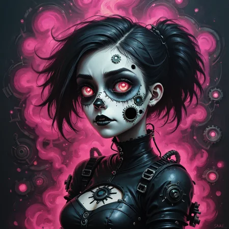 2d, sad elitist,stencil Electromagnetic Steampunk Goth Girl Underworld Vendetta, highly detailed, Passionate, rim light, fluorescent pink, eerie, gritty <lora:fx-01:1.2> <lora:surrealism-v1:1> <lora:art-v5:.35> <lora:usual-portrait-v2:1>