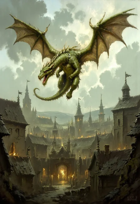 Dark-Fantasy-Cardd-V.2.0 style dark fantasy oil painting with detailed eyes that featuresa majestictic, green dragon flying above the medieval city