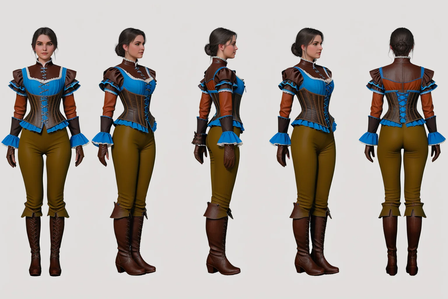 (VIEWS:0), full body character turnaround of 1girl, Multiple views of the same character in the same outfit, simple background, white background,
(theme:0), medieval, fantasy, Dungeon And Dragon,
(rank:0), female character, detailed costume design, embroidered corset, lace detailing, leather gloves, brown leather boots, high collar, patterned blouse, fantasy attire, ornamental accessories, layered clothing, Victorian-era influence, ruffled cuffs and pants,
<lora:bg3TurnXL_v1_pony:0.1>
<lora:Witcher3turn_v1_Pony:0.1>
<lora:medieval2turn_v1_Pony:0.1>
<lora:CharTurnXL_v4_Pony:0.1>
<lora:bg3TurnXL_v1:0.1>
<lora:Witcher3TurnXL_v1:0.6>
<lora:Medieval2TurnXL_v1:0.1>
<lora:CharTurnXLRetag_v4:0.1>