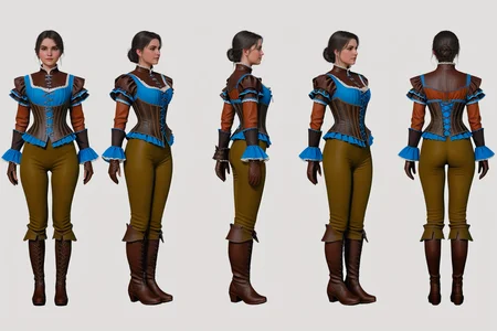 (VIEWS:0), full body character turnaround of 1girl, Multiple views of the same character in the same outfit, simple background, white background,
(theme:0), medieval, fantasy, Dungeon And Dragon,
(rank:0), female character, detailed costume design, embroidered corset, lace detailing, leather gloves, brown leather boots, high collar, patterned blouse, fantasy attire, ornamental accessories, layered clothing, Victorian-era influence, ruffled cuffs and pants,
<lora:bg3TurnXL_v1_pony:0.1>
<lora:Witcher3turn_v1_Pony:0.1>
<lora:medieval2turn_v1_Pony:0.1>
<lora:CharTurnXL_v4_Pony:0.1>
<lora:bg3TurnXL_v1:0.1>
<lora:Witcher3TurnXL_v1:0.6>
<lora:Medieval2TurnXL_v1:0.1>
<lora:CharTurnXLRetag_v4:0.1>