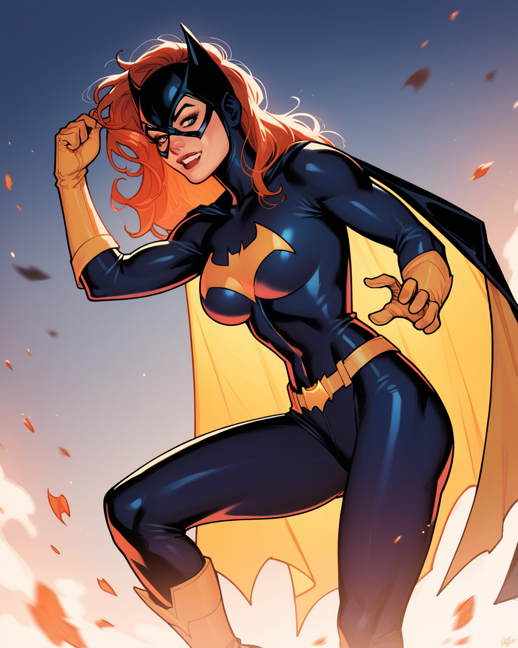 score_9, score_8_up, score_7_up, score_6_up, score_5_up, score_4_up, source_western, adamhughesstyle, 1girl, Batgirl, bodysuit, superhero, dramatic lighting  <lora:AdamHughes_PDXL:1>