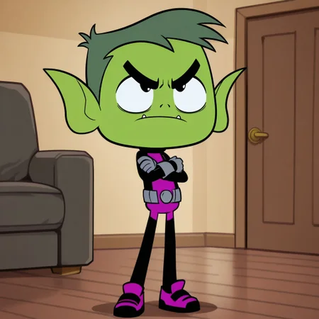 masterpiece, best quality, amazing quality, official style, b3astb0y, male, solo, humanoid, young, green skin, green hair, short hair, black eyes, pointed ears, fang, short, black and purple outfit, grey gloves, grey belt, purple shoes, standing, angry, crossed arms, indoors, living room
