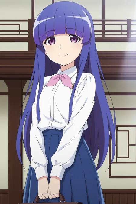 anime screencap, anime coloring, detailed face, masterpiece, best quality, very aesthetic, absurdres, volumetric lighting, official style, amazing quality, ultra detailed, highres, amazing quality, scenery, beautiful detailed hair, beautiful detailed eyes,
<lora:Rika_Furude_teenage_appearance_Higurashi_When_They_Cry_-_Gou_and_Sotsu:.8>
Rika St. Lucia uniform, 1girl, long hair, furude rika, solo, skirt, shirt, white shirt, blue hair, blunt bangs, long sleeves, purple eyes, blue skirt, holding bag, standing, looking at the viewer, smile, cowboy shot