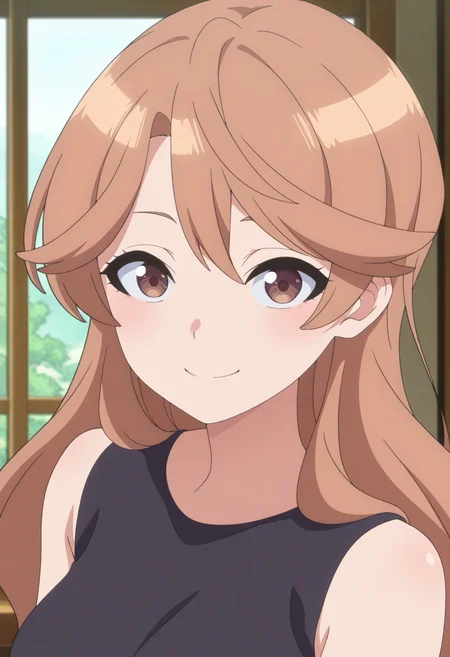 masterpiece, best quality, amazing quality, absurdres, 1girl, solo, (portrait:1.2), anime coloring, miwaww, brown eyes, brown hair, long hair, asymmetrical bangs, medium breasts, black sleeveless dress, bare shoulders, looking at viewer, smile, indoors, day, skindentation, detailed clothing folds, depth of field, sharp, high contrast, dynamic light <lora:Samezu_Miwa_Me_and_the_Alien_MuMu_ill:0.8>