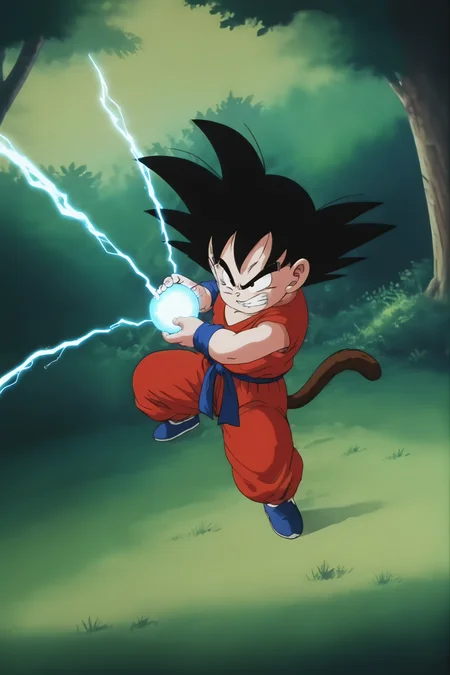 source_anime, score_9, score_8_up, score_7_up, anime screencap,8k, absurd res, 
son goku, black hair, black eyes, spiked hair, monkey tail, male child,
clothes writing, blue footwear, dougi, monkey tail, white legwear, symbol, red topwear, red pants, print topwear, blue wristband, blue sash, sleeveless, socks, shoes
charge stance, kamehameha charge stance, energy ball, aura, electricity blue theme,
forest, tree, grass, 
 <lora:gokudb_pony_v3:0.8>
 <lora:kamehameha charge stance:0.9>
