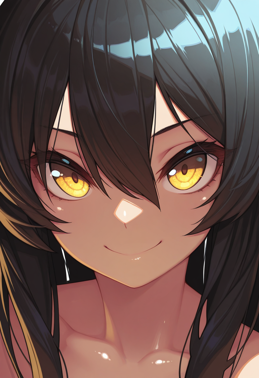 hi res, masterpiece, best quality, highres, yellow eyes, smile, long hair, looking at viewer, 1girl, hair between eyes, simple background, closed mouth, portrait, cartoon, shiny skin, shiny, epic, slut:2.1
