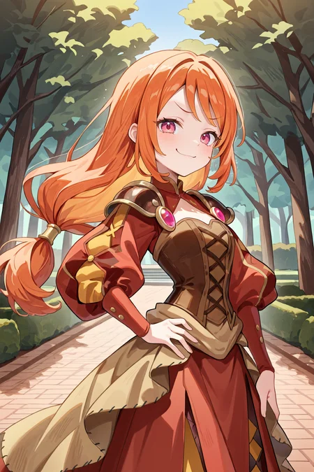 <lora:MonicaIL:0.8> , MoniDef, 1girl, pink eyes, long hair, orange hair, low-tied long hair, juliet sleeves, shoulder pads, patchwork clothes, layered dress, corset, brown corset, long skirt, red skirt, waist cape, beige waist cape, long sleeves, pantyhose, mary janes, black shoes, red sleeves, yellow juliet sleeves, looking at viewer, (cowboy shot), hand on hip, from side, smug smile, exterior, day, park, forest, looking to side, masterpiece, very aesthetic, absurdres, best quality, amazing quality, high resolution, detailed background, <lora:illustrious_quality_modifiers_masterpieces_v1:0.8> , <lora:ChamIllustriousBackgroundEnhancer:0.5>,