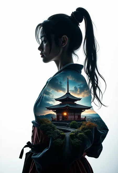 masterpiece, double exposure, silhouette of a stunning Japanese woman in traditional japanese armour, filled with a shinto temple, highest definition, HD32K, wallpaper, crisp lines, double exposure background, hyperdetailed, concept art