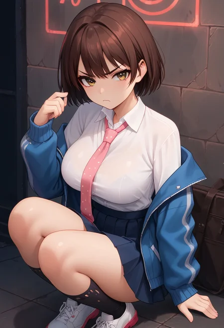 score_9, score_8_up, score_8_up, Expressiveh, godrays, g0thicPXL, glowing, neon, tight detailed clothing, large breasts, pinup pose, seductive pose, dynamic pose, grumpy, 1girl, hinase hotaru, (/A Condition Called Love)/, (ultra HD quality details), dark brown hair, short hair, (brown eyes), shirt, collared shirt, white shirt, jacket, blue jacket, skirt, gray, skirt, pleated skirt, red necktie with white polka dot, sweater, pink sweater, socks, navy socks, white sneakers