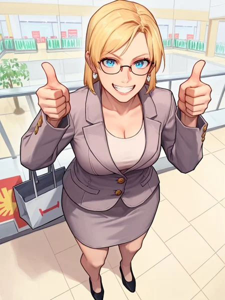 zPDXL3, photoshop \(medium\), empty shopping mall, 1girl, full body, standing, looking at viewer, double thumbs-up, toothy grin, high angle, <lora:jessieDR_PDXL:0.8> jessiedr, plump, blonde hair, blue eyes, glasses, earrings, grey blazer, shirt, grey skirt, footwear, <lora:Shopping_Mall:0.6>