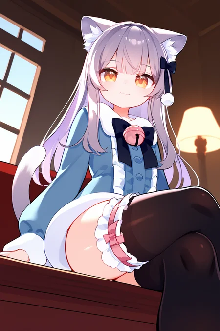 (score_9,score_8_up,score_7_up), shiny skin, 1girl, <lora:Milk_PonyXL_v1:1>, cat ears, animal ear fluff, long hair, light purple hair, grey hair, brown hair, hair bow, pom pom, brown eyes, cat tail, frills, dress, fur-trimmed dress, bow, pink bell, long sleeves, black thighhighs, bridal garter, smile, crossed legs, from below,