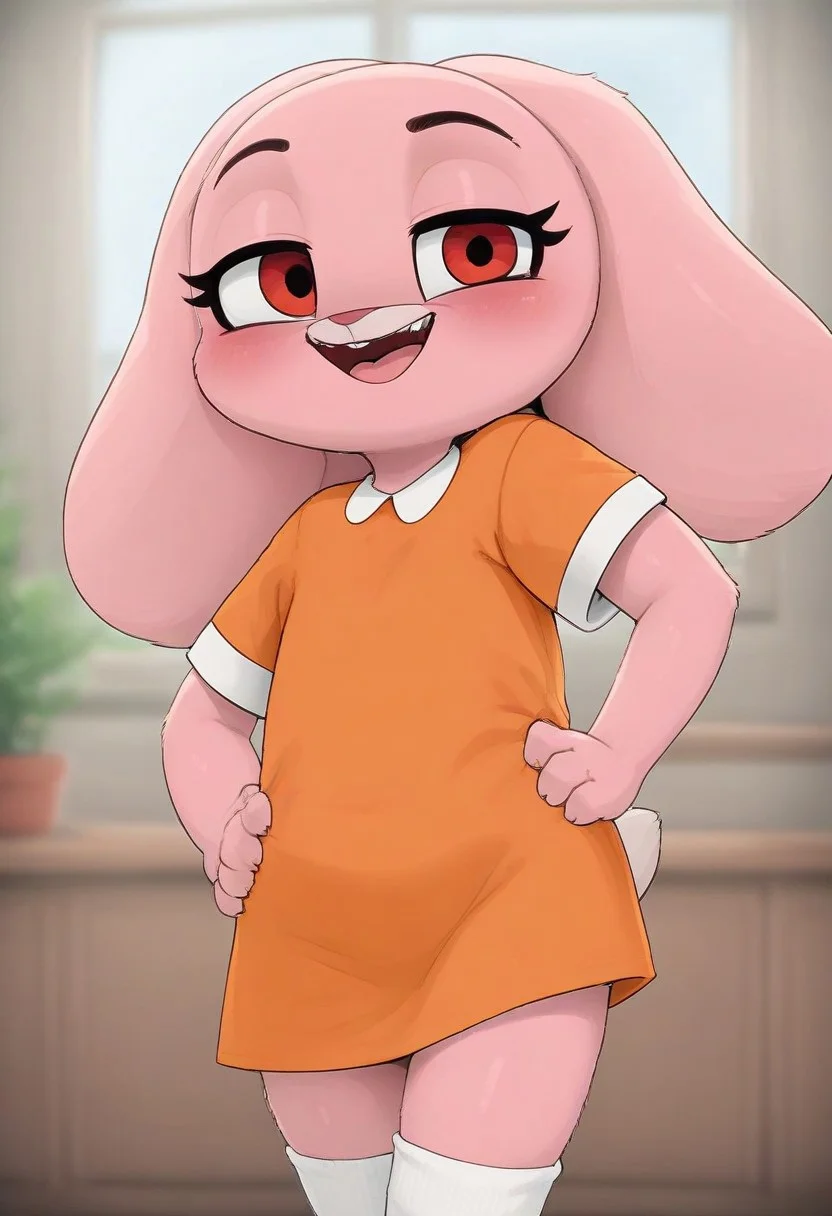 1girl, furry female, solo, furry, red eyes, dress, animal ears, indoors, rabbit ears, rabbit girl, hands on own hips, smile, looking at viewer, window, thighhighs, orange dress, short dress, short sleeves, white thighhighs, standing, teeth, flat chest, potted plant, plant, cowboy shot, happy, open mouth, white fur, day, collared dress, body fur, anais gumball, young anthro, pink fur