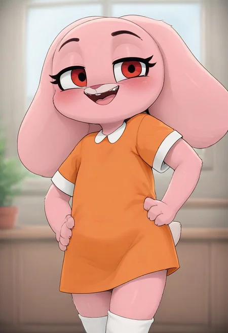 1girl, furry female, solo, furry, red eyes, dress, animal ears, indoors, rabbit ears, rabbit girl, hands on own hips, smile, looking at viewer, window, thighhighs, orange dress, short dress, short sleeves, white thighhighs, standing, teeth, flat chest, potted plant, plant, cowboy shot, happy, open mouth, white fur, day, collared dress, body fur, anais gumball, young anthro, pink fur