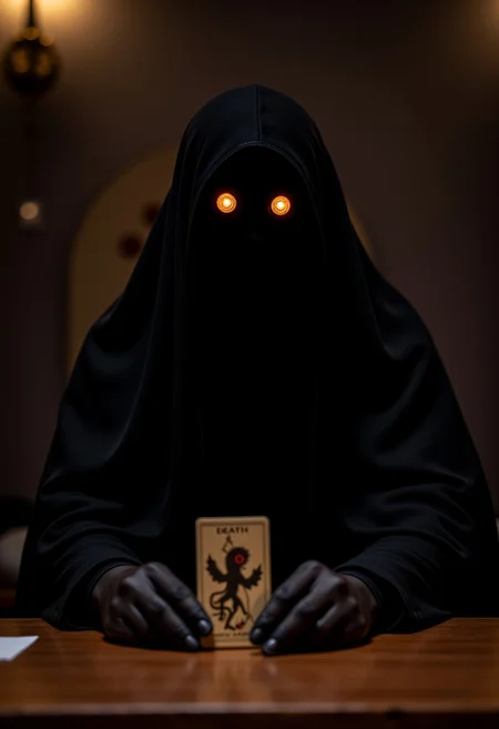 a grim reaper in dark shadowy form with glowing orange eyes, a dark flowing hooded cloak, sitting at a table getting a tarot card reading. The 'death' card is face up prominently on the table. A female fortune teller sitting across is laughing