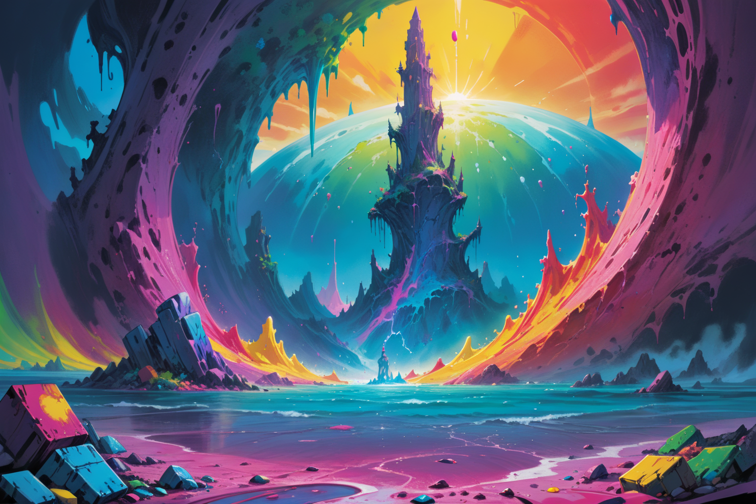masterpiece, painted world,  colorful splashes, <lora:Painted World-000006:.6> from the game Dead level, created by Chris Ditko and Lisa Frank and Simon Stalenhag