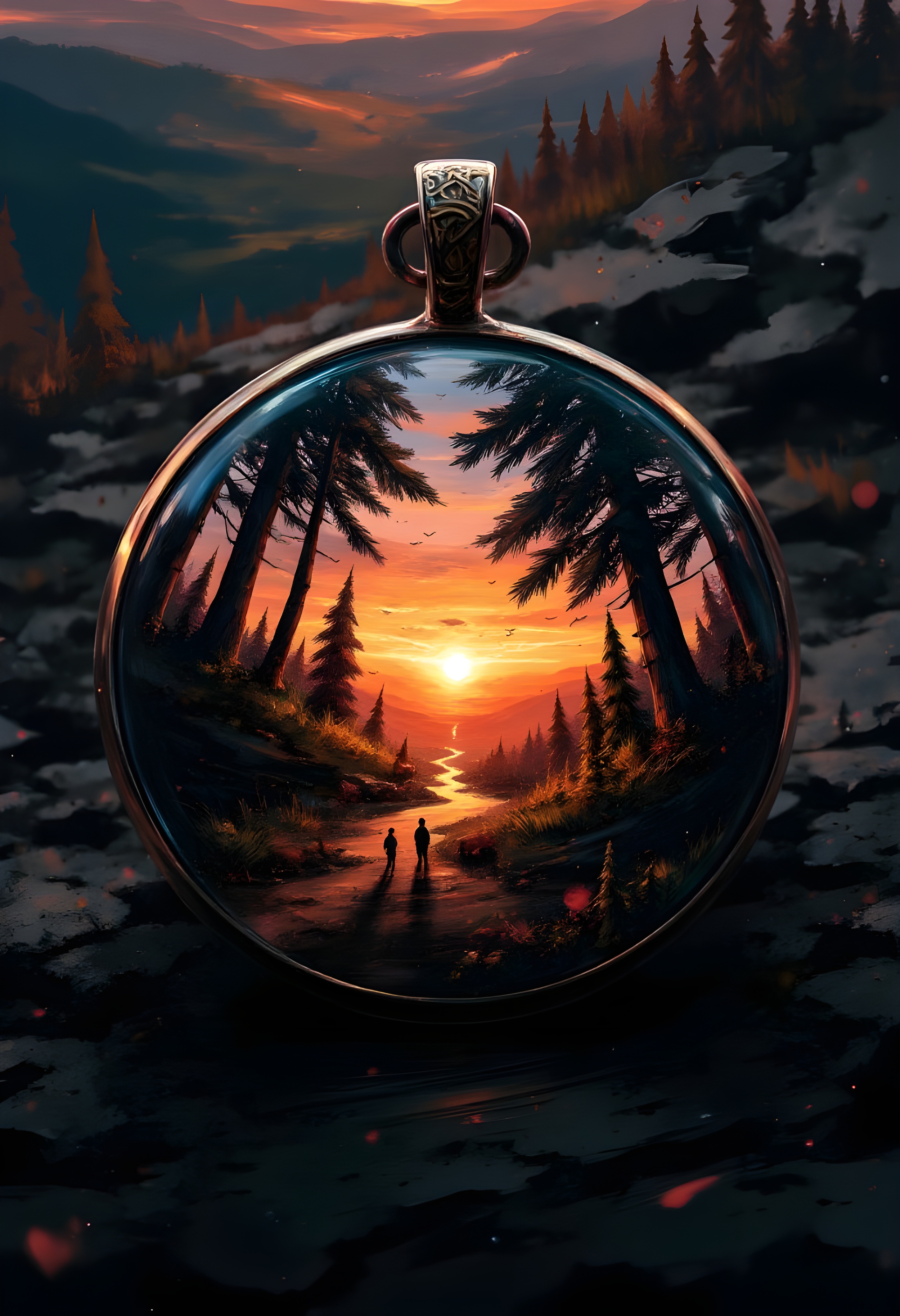 cinna flow, A magical realism scene of a forest at sunrise. The trees are floating in the air and the animals are walking through the forest. The lighting is soft and warm, casting long shadows on the intricate details of the scene. All contained in a pendant within the jewel encased. The pendant lays on a nightstand, with the scene encased inside the jewel.