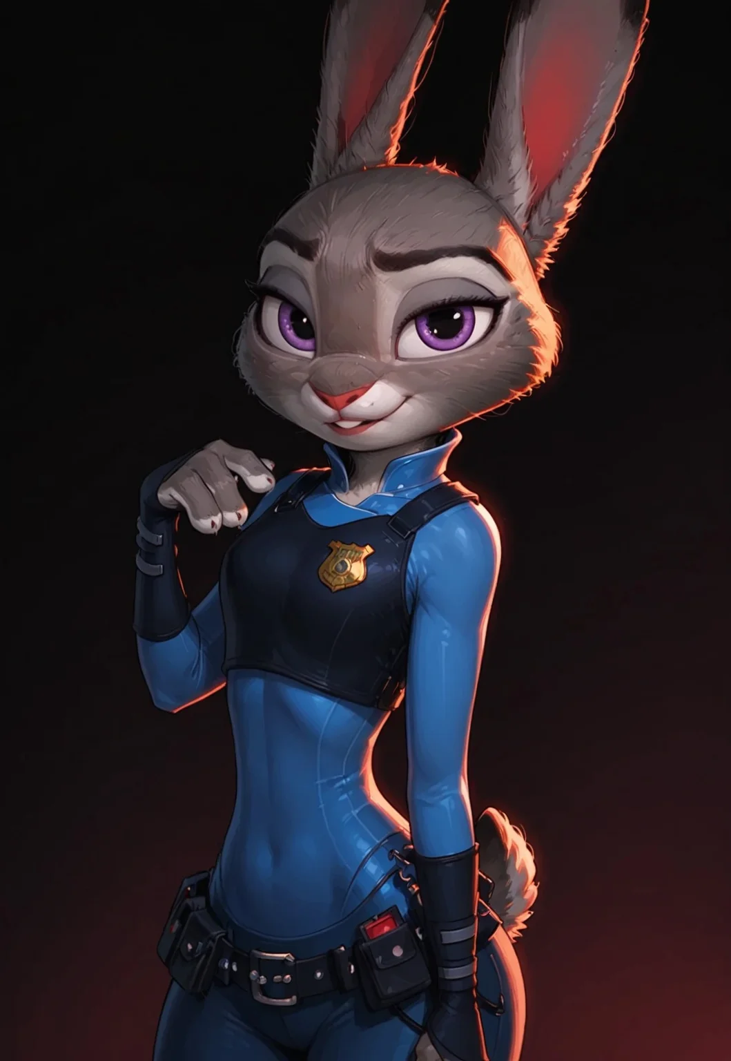 safe_pos, score_9, score_8_up, score_7_up, (Expressiveh:0.8), 
BREAK
(Judy Hopps, Zootopia:1.1),
BREAK
girl 24yo, solo, 1girl, Judyhopps, sexy bunny girl, sexy pose, perfect face, thin waist, focus on furry, seductive, g0thicPXL, glowing, neon, looking at viewer, bedroom theme, dynamic, eye catching, furry, uniform, seductive, Looking to the side,
