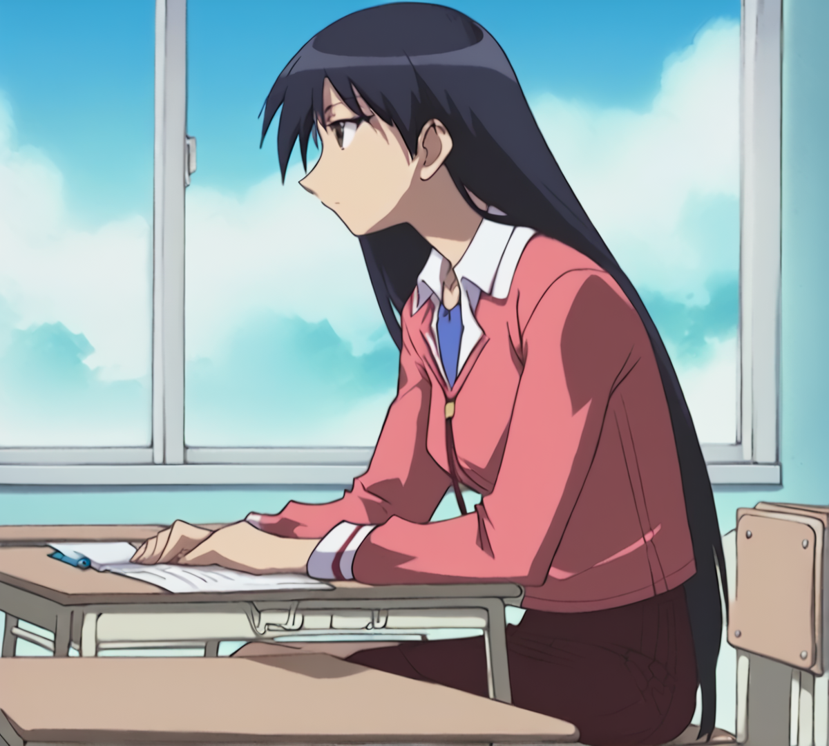 Sakaki, zPDXL, best quality, amazing quality, score 9, desk, sitting, from side, looking away, classroom, window, <lora:Sakaki:1>