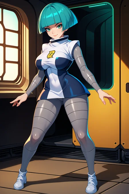 score_9, score_8_up, score_7_up, score_6_up, source_anime, 1girl, solo <lora:pkmntgg-pdxl-nvwls-v1-000005:1> pmtgg, cyan hair, short hair, blunt bangs, green eyes, black and white dress, two-tone dress, grey bodysuit, bodysuit under clothes, large breasts, smile, curvy, looking at you, full body, indoors, science fiction
