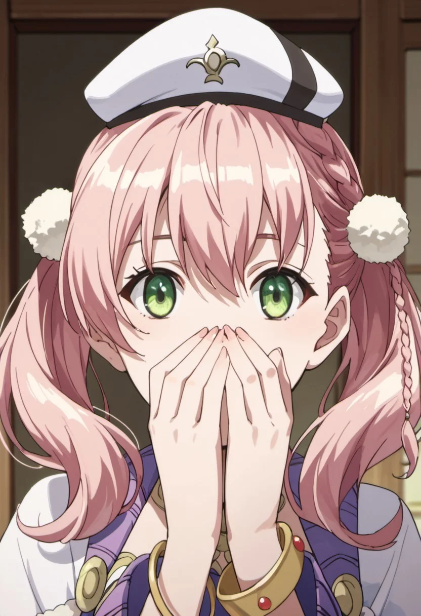 score_9, score_8_up, score_7_up, source_anime, escha malier, twintails, pink hair, green eyes, 1girl, solo, hat, braid, jewelry, bracelet, covering mouth, anime coloring, looking at viewer