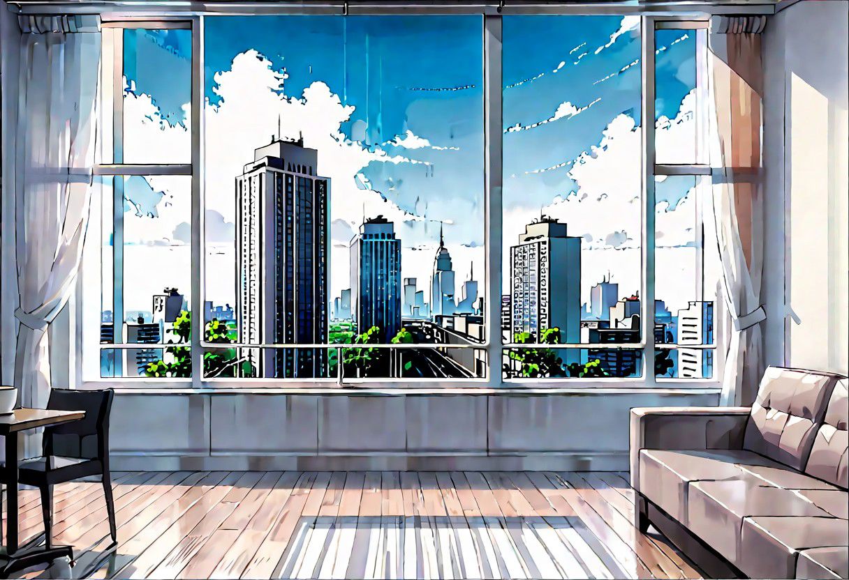 ((((front view)))), Shallow scene, ((animation style)), (((City high-rise building scenery))), ((((City scenery outside the window)))), (Facing the window), (open window), modern-style interior, Wooden floor, with white walls, (large windows), a living room, sofa and coffee table by the window sill, (Behind the sofa is the window sill), noon, clear sky, low saturation