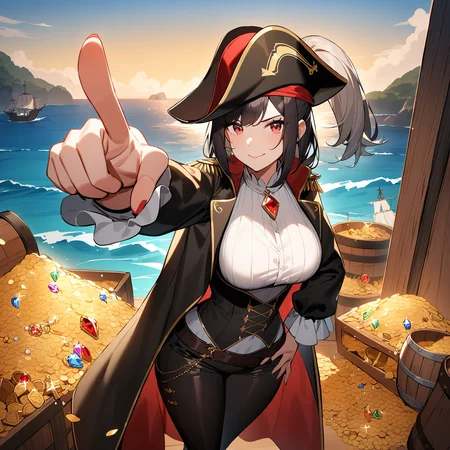masterpiece, best quality, absurdres, safe,island in background, pirate ship,mature female, medium breasts, pirate,black coat,leather pants,1girl, long boots, black hair, red eyes,, sea, sky <lora:treasure room (animagine) v1:0.75> treasure-room, treasure, sails, standing on deck, barrel, door, rope, pointing towards viewer, tricorne, pirate hat, gem, gemstone, jewellery, pearl,