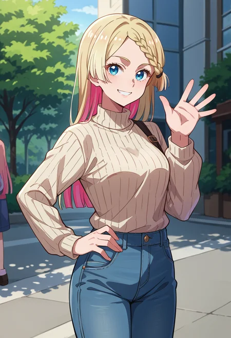 score_9, score_8_up, source_anime, 1girl, solo, SeiraKurusu, blue eyes, colored inner hair, blonde hair, pink hair, long hair, braid, outdoors, sweater, ribbed sweater, jeans, hand on hip, waving at viewer, smile, <lora:ChamSeiraKurusuPonyXL:1>