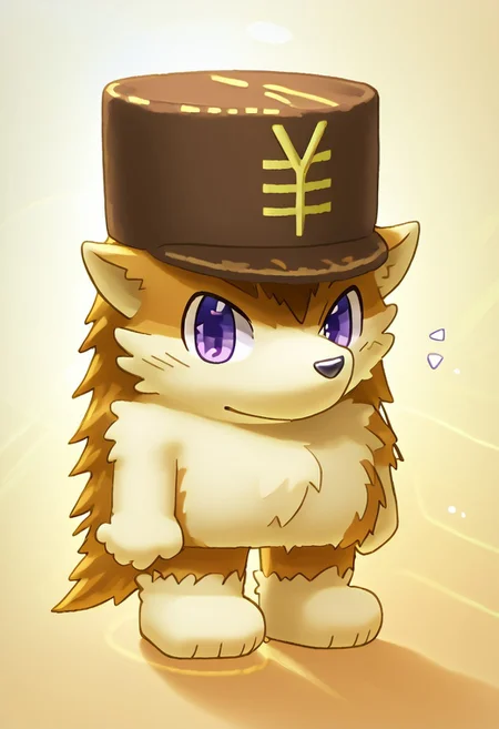 score_9, score_8_up, score_7_up, score_6_up, furry, conswayo_, cute style, cute, 2d, simple background, solo, kemono, hedgehog, hat with yen sign, male, full body, solo, male focus, hedgehog inaho, hat with japanese yen sign, purple eyes, beauty eyes, bluey style, lv1rubili, 3d, realistic, sidelighting, backlighting, depth of field, lens flare