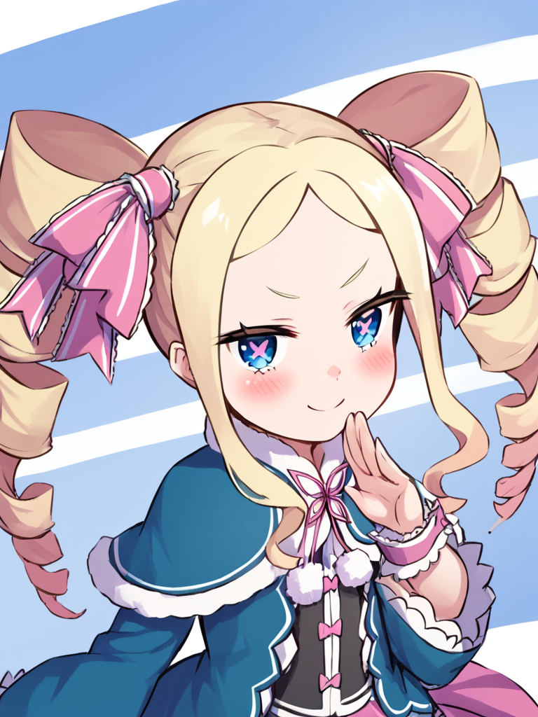 score_9,score_8_up,score_7_up,<lora:beatrice_(re_zero):1>,blue_ribbon, closed_mouth, frilled_dress, salute, standing, multicolored_background, blush, beatrice_\(re:zero\), 1girl, hair_ribbon, sidelocks, twin_drills, smile, striped_background, looking_at_viewer, solo, blue_dress, bare_arms, white_background, blue_background, wrist_cuffs, feet_out_of_frame