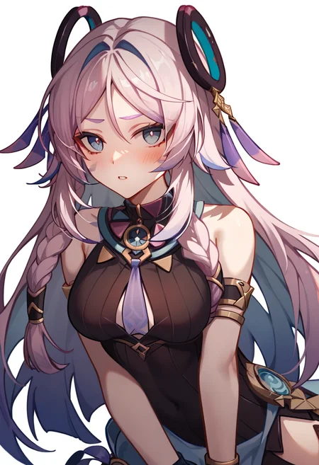 score_9,score_8_up,score_7_up,<lora:citlali_(genshin_impact)_pony:1>,citlali_(genshin_impact), 1girl, simple_background, solo, cropped_legs, medium_breasts, white_background, black_dress, blush, clothing_cutout, parted_lips, looking_at_viewer, detached_sleeves, bare_shoulders